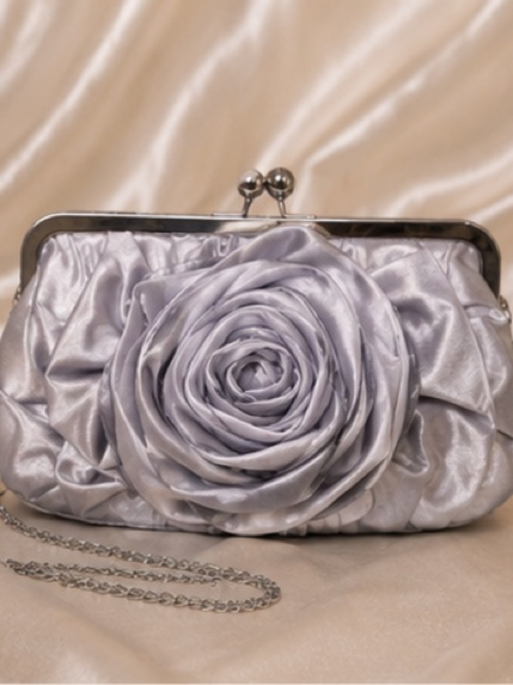 Gray Rosette Satin Evening Clutch Bag NWT Convertible Chain evening bag